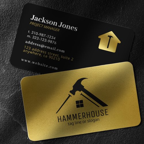 Custom Black  Gold Home Construction Hammer Nail Business Card