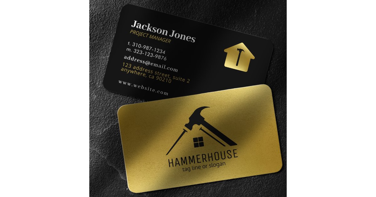 Custom Black + Gold Home Construction Hammer Nail Business Card | Zazzle