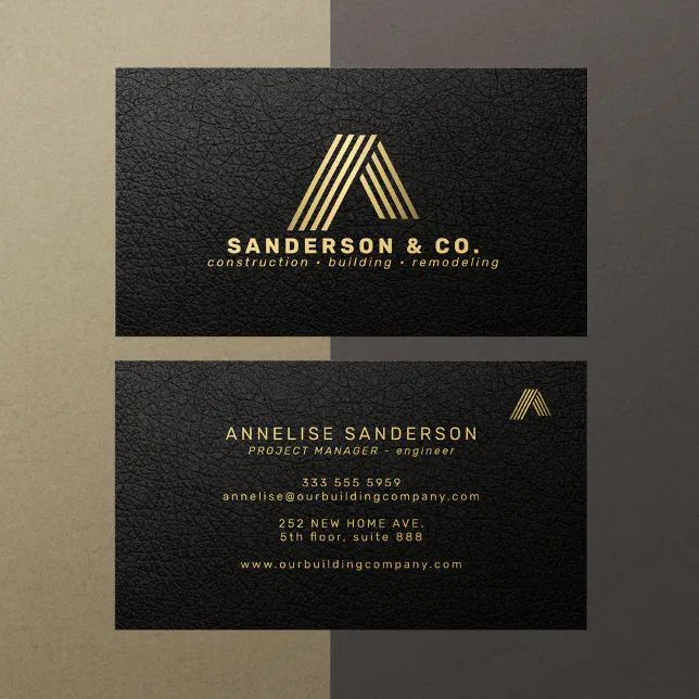 Custom black gold logo building construction business card | Zazzle