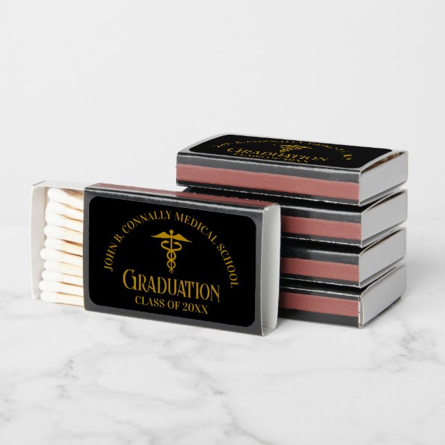 Custom Black Gold Medical School Graduation Party Matchboxes (Stacked)