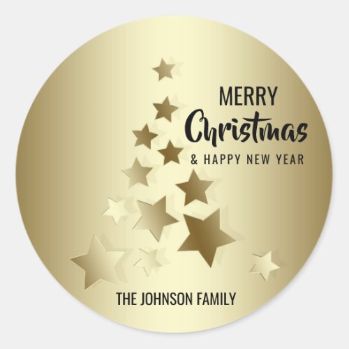 Custom Black Gold MERRY CHRISTMAS Tree Lights Classic Round Sticker