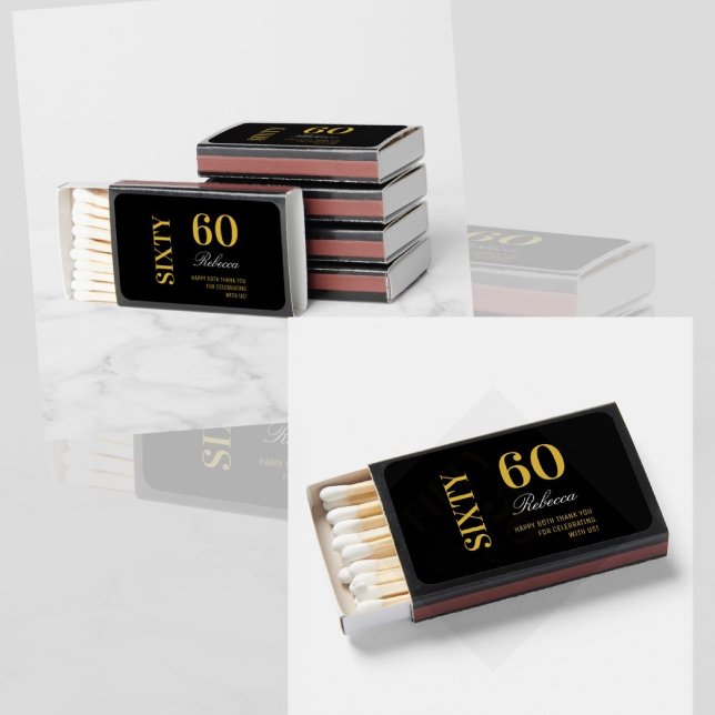 Custom Black & Gold Modern 60th Birthday Party  Matchboxes (A perfect personalized birthday matchboxes black and gold)