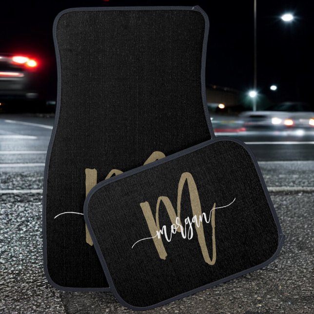 Custom Black Gold Modern Typographic Monogram Car Floor Mat (Creator Uploaded)