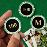 Custom Black Gold Monogram 100 Tournament Game Poker Chips<br><div class="desc">Create your own custom, personalized, 100 denomination, modern faux gold monogram on black background, monogrammed christmas green poker chips, in 9 vibrant colors, and featuring textured surface for easy stacking. Simply type in your initials / monogram, to customize. You may even change the denomination from 100 to one of your...</div>