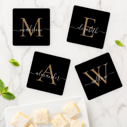 Custom Black Gold Monogram Elegant Script Name Coaster Set