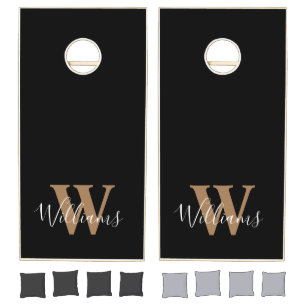 Custom Black Gold Monogram Script Name Cornhole Set