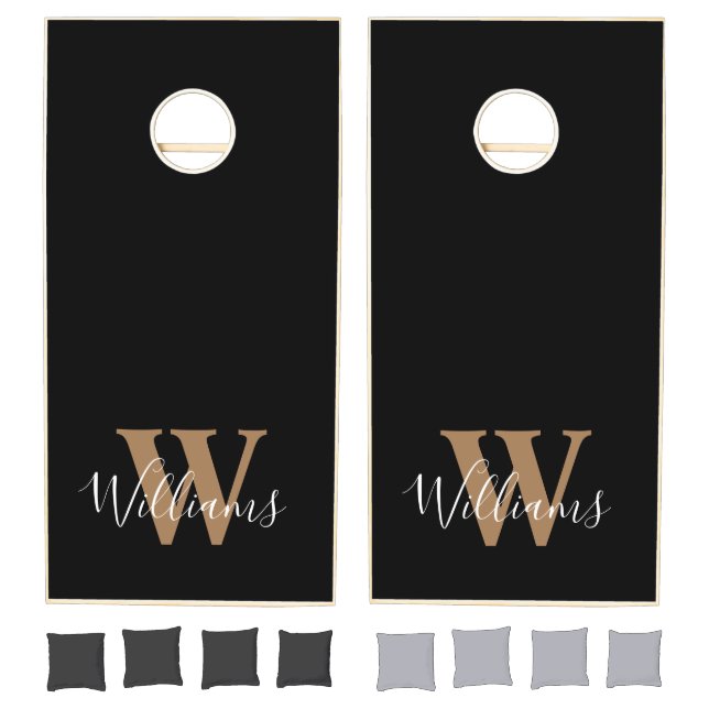 Custom Black Gold Monogram Script Name Cornhole Set (Set)
