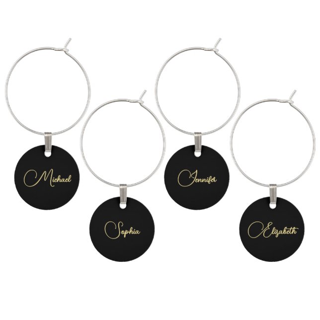 Custom Black Gold Monogram Wine Glass Charms Set (Staggered)