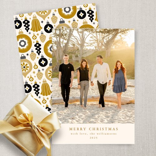 Custom Black Gold Ornament Photo Flat Christmas Holiday Card