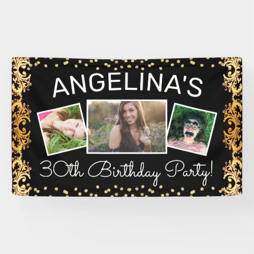 Custom Black  Gold Photo Birthday Party Banner