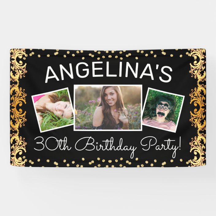 Custom Black & Gold Photo Birthday Party Banner | Zazzle.com