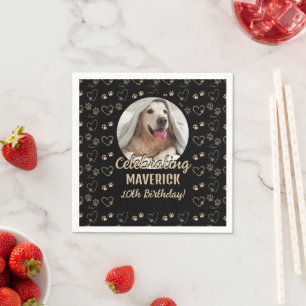 Custom Black Gold Photo Paw Print Dog Birthday Napkins