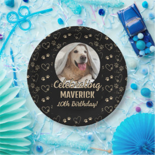 Custom Black Gold Photo Paw Print Dog Birthday Paper Plates
