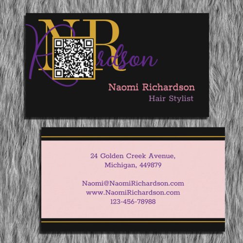 Custom Black Gold Pink  QR Code Monogram Business Card