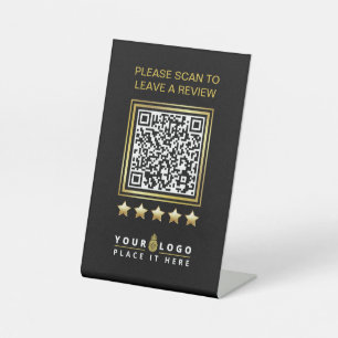 Custom Black Gold QR Company Business Logo Review Pedestal Sign