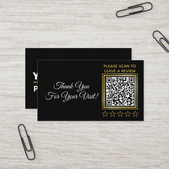 Custom Black Gold QR Company Logo Google Review Business Card (Front/Back In Situ)