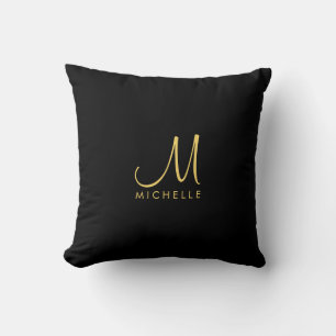 Custom Black & Gold Typography Monogram Name Throw Pillow