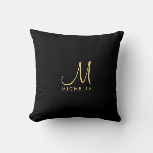 Custom Black  Gold Typography Monogram Name Throw Pillow