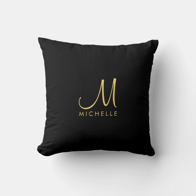 Custom Black & Gold Typography Monogram Name Throw Pillow (Front)