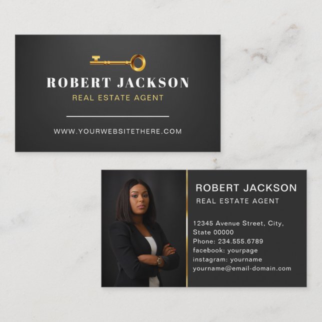 Custom Black + Golden key Realtors Luxury Modern  Business Card (Front/Back)