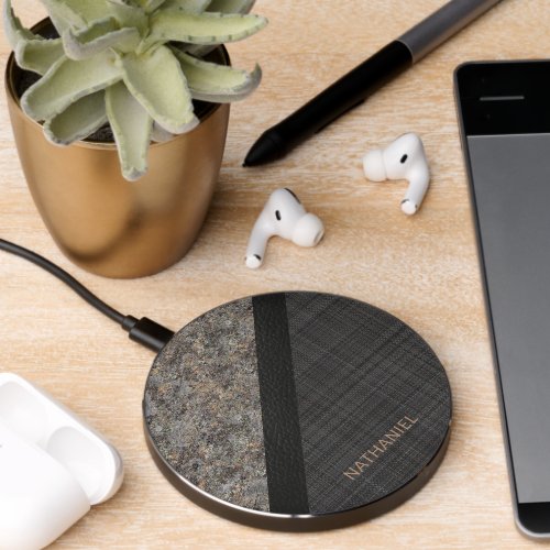 Custom Black Gray Beige Brown Leather Marble Look Wireless Charger