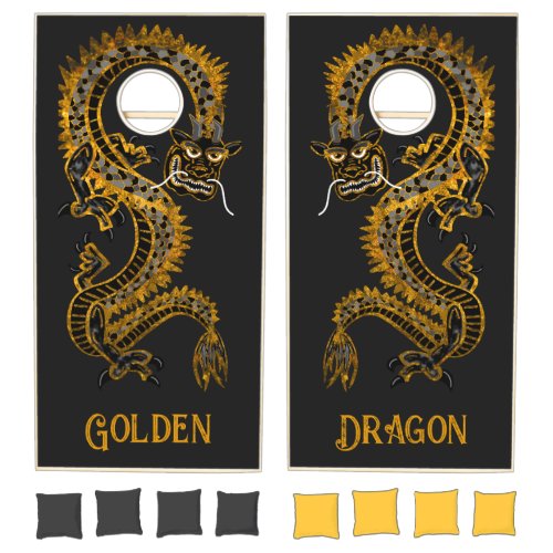Custom Black Gray Golden Dragon Cornhole Set