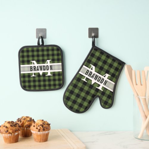 Custom Black Green Buffalo Lumberjack Plaid  Oven Mitt  Pot Holder Set