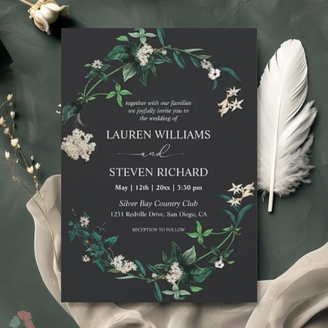 Custom Black Green Leaves White Flowers Premium  Invitation (Make your wedding day unforgettable with our stunning collection of elegant and customizable wedding)