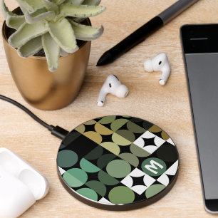 Custom Black Green Teal Blue Retro Art Pattern Wireless Charger