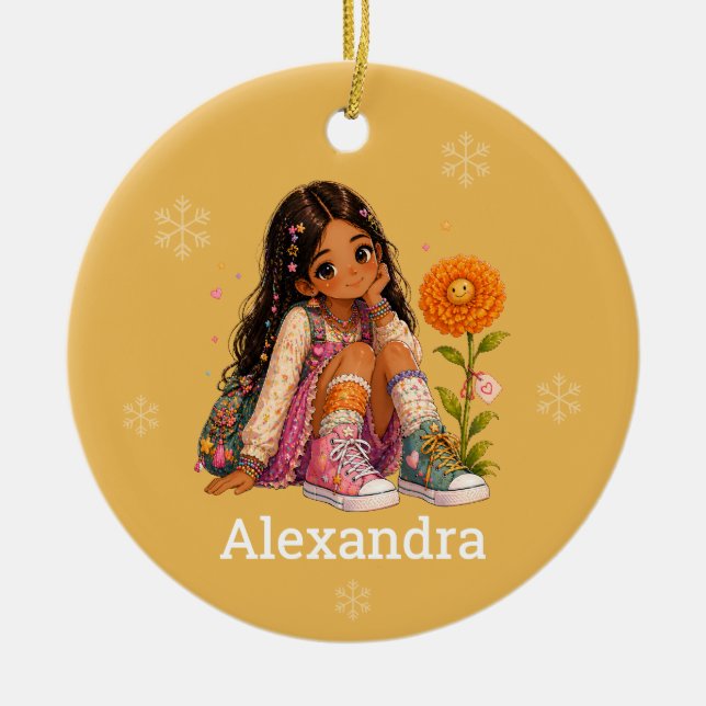 Custom Black Hair Girl Name Ceramic Ornament (Front)