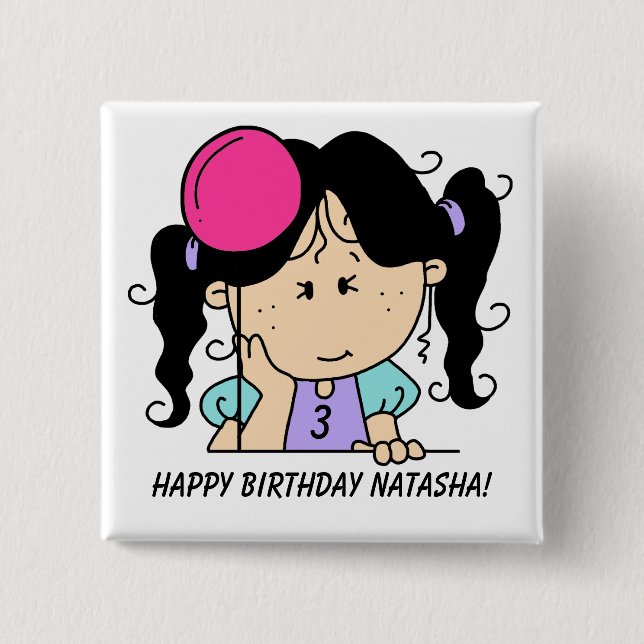 Custom Black Haired Girl Birthday Button (Front)