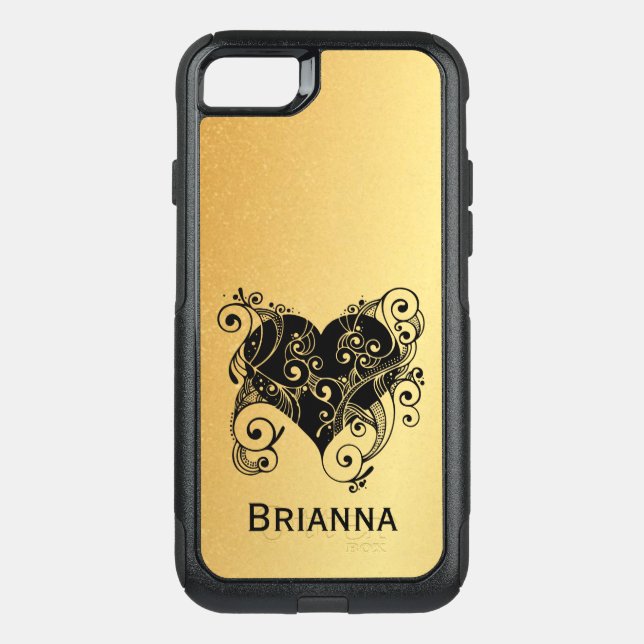 Custom Black Heart on Gold Romantic Otterbox iPhone Case (Back)