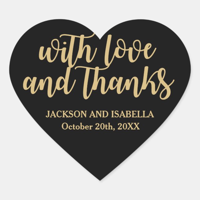 Custom Black Heart Wedding Sticker with Gold Text (Front)