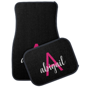 Custom Black Hot Pink Modern Monogram Name Car Floor Mat