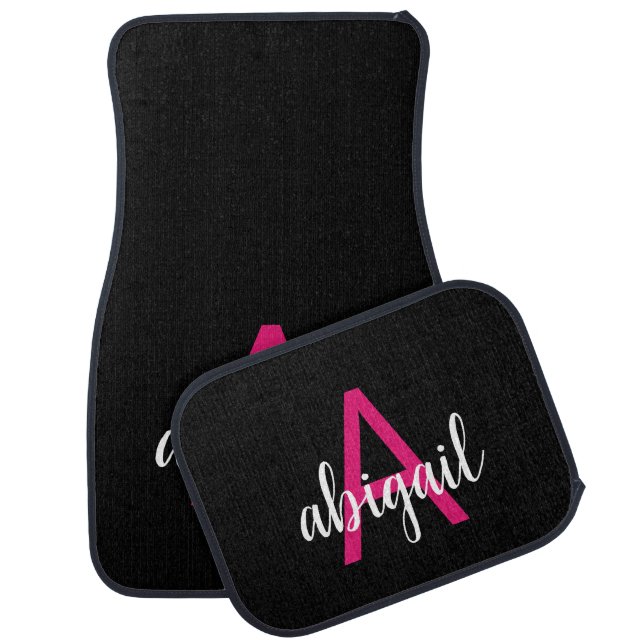 Custom Black Hot Pink Modern Monogram Name Car Floor Mat (Set)