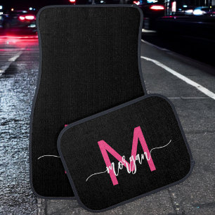 Custom Black Hot Pink Modern Typographic Monogram Car Floor Mat