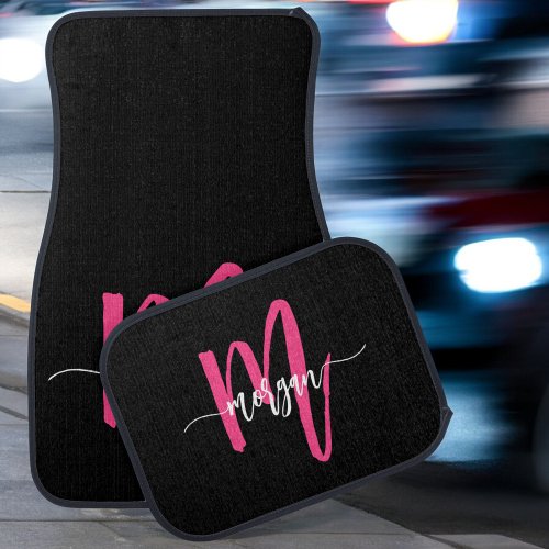 Custom Black Hot Pink Modern Typographic Monogram Car Floor Mat