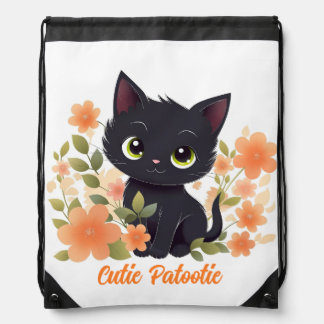 Custom Black Kitty Kawaii Chibi Drawstring Bag