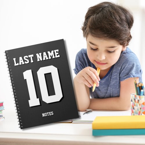 Custom Black Last Name Sports Jersey Number  Notebook