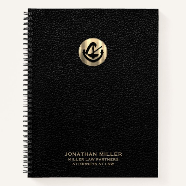 Custom Black Leather Print with Gold Legal Emblem Notebook (Front)