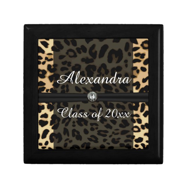 Custom Black Leopard Ribbon Jewel Girl Graduation Keepsake Box (Front)
