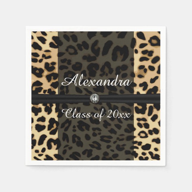 Custom Black Leopard Ribbon Jewel Girl Graduation Napkins (Front)