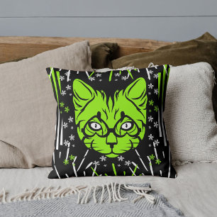 Custom Black Lime White Black Modern Cat Pattern Throw Pillow