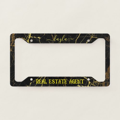 Custom Black Marble Gold Real Estate Agent Busines License Plate Frame