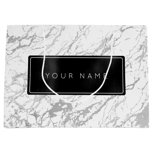 Custom Black Metallic Minimal Marble Gray Stone Large Gift Bag (Front)