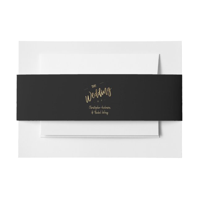 Custom Black Minimalist Script Gold Wedding Invitation Belly Band (Front Example)