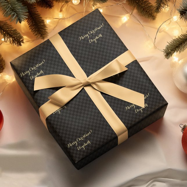 Custom Black Modern Check Pattern Faux Gold Script Wrapping Paper (Custom Black Modern Check Pattern Faux Gold Script Wrapping Paper)