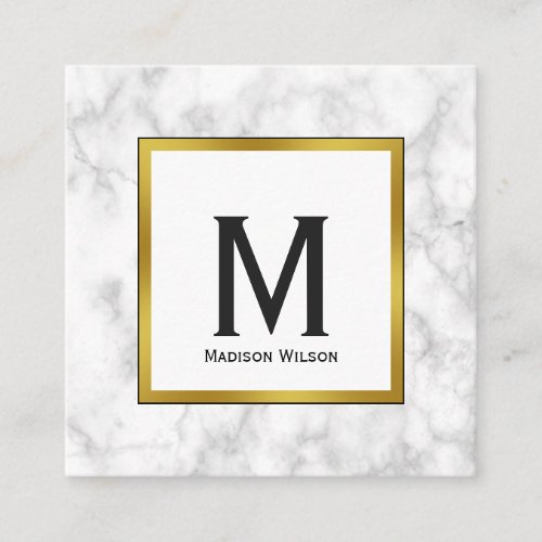 Custom Black Monogram with White Marble Border Square Business Card