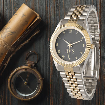 Custom Black Monogrammed Gold Silver Tone Bracelet Watch by iCoolCreate at Zazzle