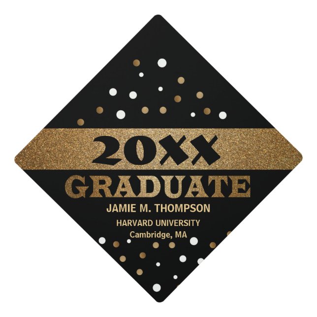 Custom Black, more Gold, Glitter dots Graduation Cap Topper (Front)